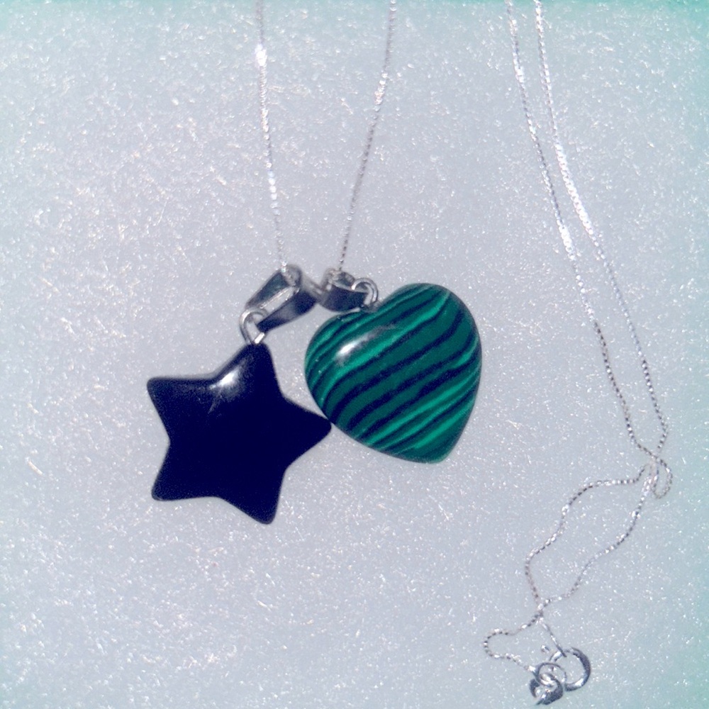 Boho hippie Onyx Star and Faux Malachite Sterling Silver 16” Necklace